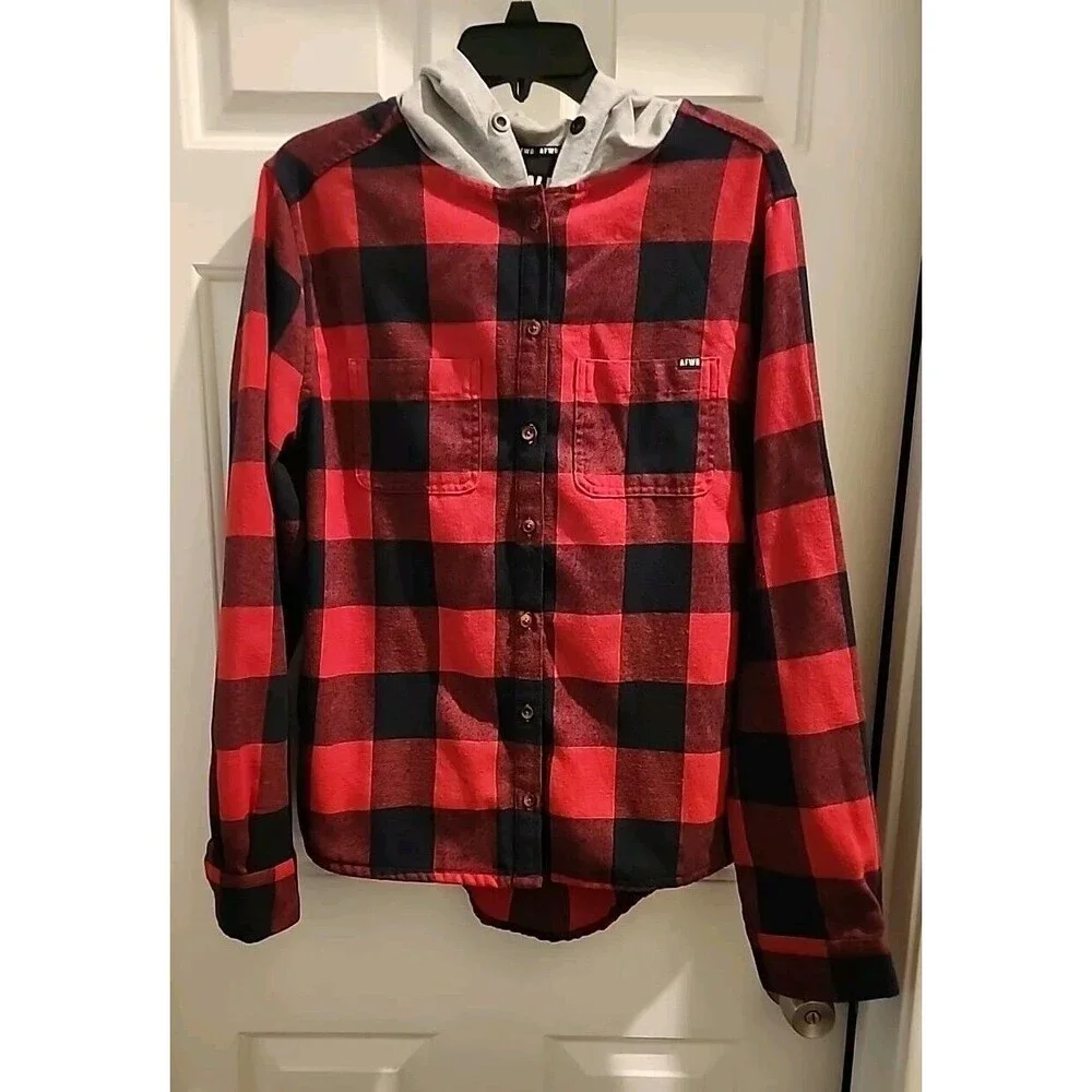 AFWD Mens XL Red Black Plaid Hoodie Button Down Shirt Long Sleeve - Picture 2 of 6